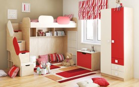 Детская комната Бэрри (Бежевый/Красный/корпус Клен) в Курагино - kuragino.katalogmebeli.com | фото