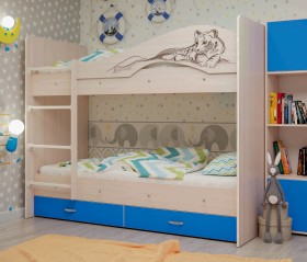 Кровать Мая-Сафари двухъярусная с ящикамиМлечный дуб/Голубой в Курагино - kuragino.katalogmebeli.com | фото